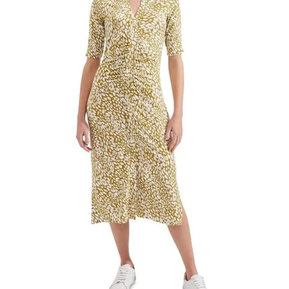 Hobbs London Hatty Jersey Midi Ruched Dress NWT US 8 Olive Ivory